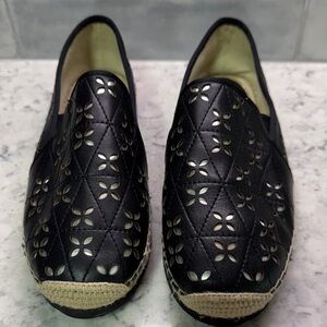 Michael Kors Black Leather floral cut espadrille loafers Size 8.5